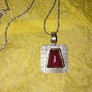 Vintage rough cut Ruby Stone Silver Pendant & Chain